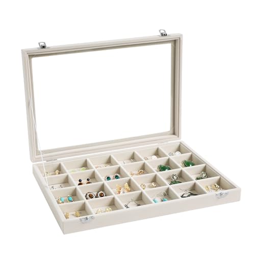 Wudygirl Jewelry Organizer Earring Holder Jewelry Tray with Lid Velvet Jewelry Box Jewelry Display Case Bracelet Earrings Ring Holder for Women Dresser (Beige 24 Grid Jewelry Tray) - color: Beige, size: 24 Grid