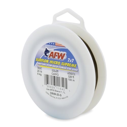 American Fishing Wire Surflon Micro Supreme Nylon Coated 7x7 Stainless Steel Leader Wire - Knottable Wire Leaders for Fishing Saltwater, Fly Fishing, 13lb Test - 90lb Test, Bright, Black & Camo Colors - color: Camo, style: 100 Meter, 20 Pound Test