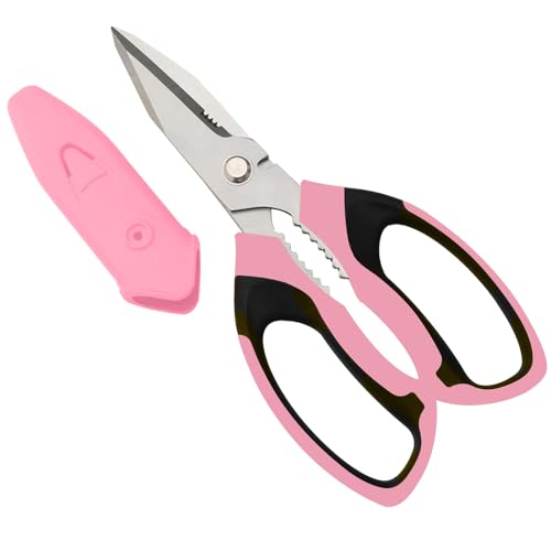 BoFuYuan 8-Inch Utility Scissors All Purpose Heavy Duty, Serrated Blade, Pink Comfort Grip for Cutting Carpet, Cardboard, Leather, Fabric, Multipurpose Sharp Shears for Kitchen, Garden, Office, Carft - color: Pink