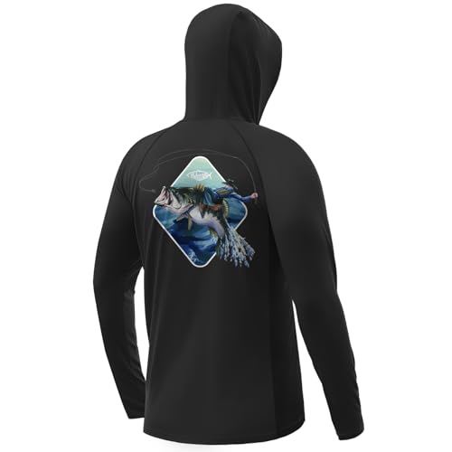 Palmyth Fishing Hoodie for Men Long Sleeve Sun Protection UV UPF 50+ Shirts - color: Black/Cowboy Rides Bass, size: X-Large
