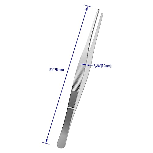 2 PCS 5 Inch Stainless Steel Tweezers, with Straight Round Blunt Serrated Tip, 3/64 Inch Thickness Stainless Steel, Multipurpose Daily Garden Home Lab Craft Repairing Tool - size: 5"L(3/64"T)