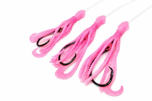 End Game Tackle Deep Drop Rig – Made in USA – New Super Stretch Glow Squid – NOAA Compliant Non-Offset Circle Hooks for Bottom Fishing - color: Pink Glow, size: 8/0 – 3 Hook