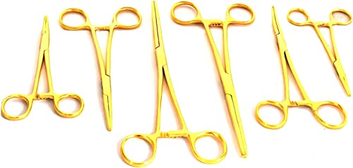 Premium Quality Ultimate Set of 6 Pcs Straight & Curved Hemostat Forceps Locking Clamps Stainless Steel Serrated Jaws for Better Grip-Ideal for Nurses, Fishing + More (Gold Color) - color: Gold Color