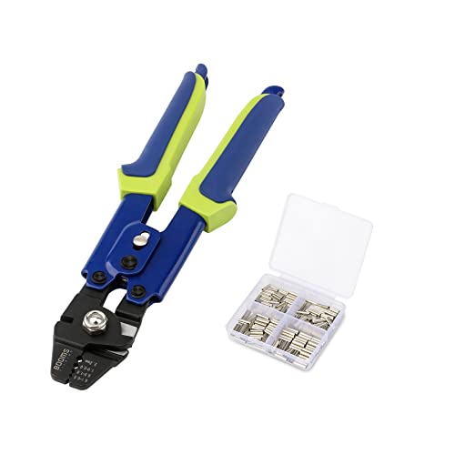 Booms Fishing CP1 Fishing Crimping Pliers, High Carbon Steel Fishing Plier Wire Rope Leader Crimping Tool, 10 inch Crimpers Swager with Ergonomic Handle - style: Blue with 140pcs Sleeves