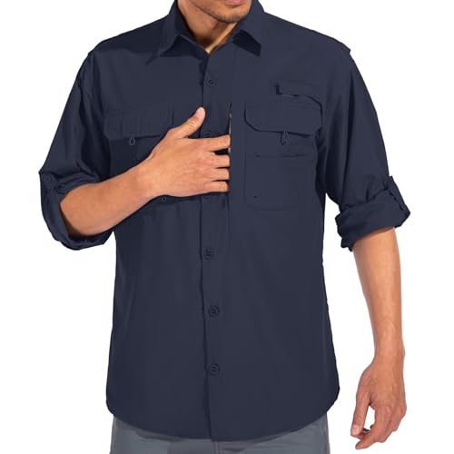 linlon Mens Safari Shirts Long Sleeve UV Protection Hiking Fishing UPF 50+ Quick Dry Cooling Camping Travel Shirts - color: Azure Blue, size: Small