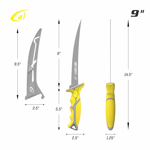 Gambler 9" Flex Fillet Knife Yellow Karl Fishing Knives, Bait Knife, Premium Swedish Stainless Steel Blade, Non-Stick Teflon Coating for Smooth, Precise Cuts, Freshwater/Saltwater - size: 9" Flex