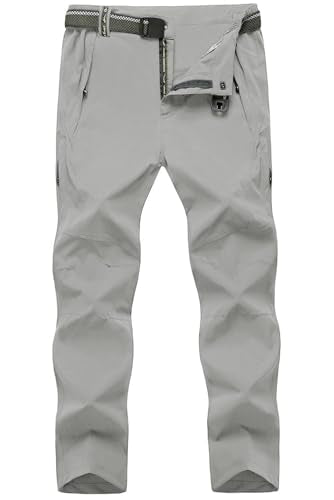 TBMPOY Men's Lightweight Hiking Pants with Belt 5 Zip Pockets Waterproof Quick-Dry Travel Fishing Work Outdoor Pants - color: A7-thin Light Gray, size: Medium
