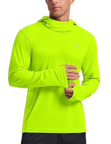 PINSPARK UPF 50+ Sun Protection Hoodie Men with Mask Quick Dry Long Sleeve Fishing Hiking Shirts UV Rash Guard Lightweight - color: Lemon Green, size: Small