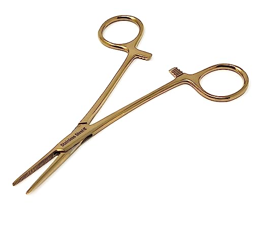 Mosquito Hemostat Locking Forceps 5" Straight with Full Serrated Jaws Ideal for Clamping, Fishing, Firefighters Nurses Doctors + More (Full Gold) - color: Full Gold