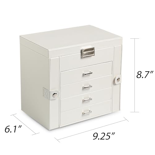 Frebeauty 5-layer Jewelry Box,Faux Leather Jewelry Organizer with 4 Drawers,Jewelry Organizers and Storage with Mirror,Jewelry Holder Organizer for Necklace,Jewerly Boxes for Women Girls(White) - color: Pearl White, size: Medium