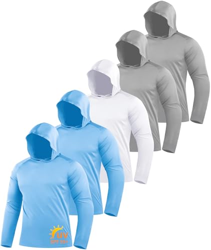ZITY 5 Pack Men's Sun Protection Long Sleeve Hoodie Shirts UPF 50+ Fishing Shirts Lightweight Athletic Rash Guard Sweatshirts - color: 2 Lightblue/White/2 Light Gray, size: Large