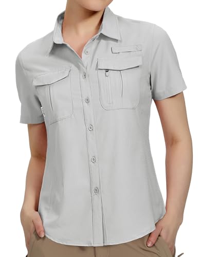 Haimont Women's UPF 50+ Short Sleeve Hiking Button Down Shirt | Quick-Dry Stretch, Mesh Back Vents, 2 Chest Pockets + Zip Pocket, Sunglasses Loop, Lens Cloth, Travel - color: Light Grey, size: Small