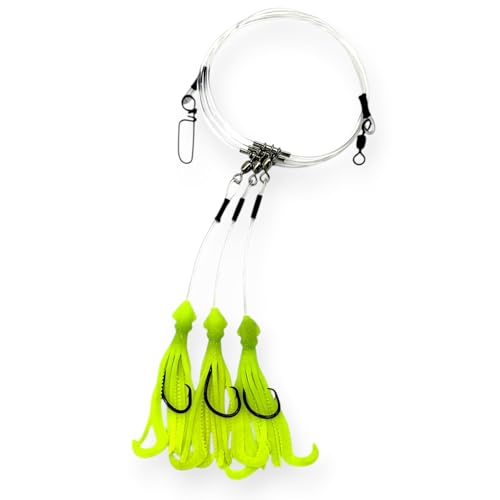 End Game Tackle Deep Drop Rig – Made in USA – New Super Stretch Glow Squid – NOAA Compliant Non-Offset Circle Hooks for Bottom Fishing - color: Chartreuse Glow, size: 8/0 – 3 Hook