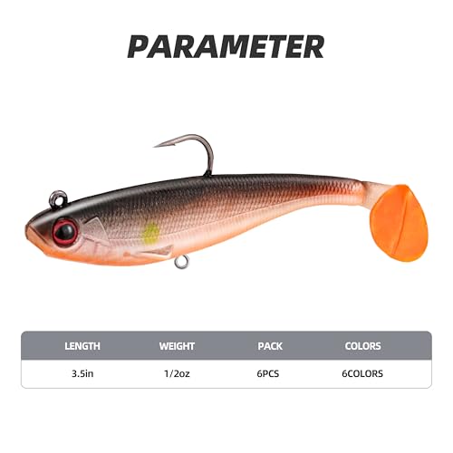 Pre-Rigged T-Tail Swimbait Lures, Soft Baits with Weighted Jig Head, Multiple Sizes & Colors for Bass, Trout, Crappie, Walleye, Freshwater & Saltwater Fishing
