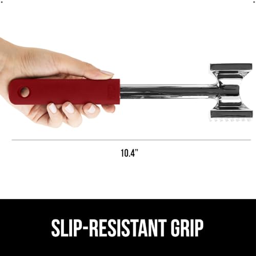 GORILLA GRIP BPA-Free Patented Dual-Sided Meat Tenderizer Tool, Soft Comfortable Handle with Hanging Hole, Heavy Duty Kitchen Mallet for Steak Beef Fish, Chicken Cutlet Pounder, Dishwasher Safe, Red - color: Red