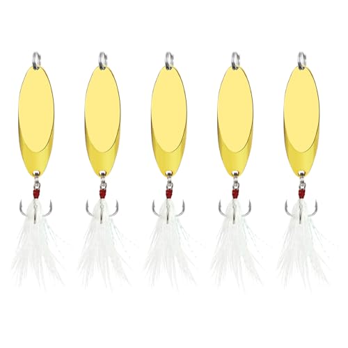 Fishing Spoons Fishing Lures Casting Spoon Metal Jig Lure Trout Lures for Freshwater/Saltwater, Reflective Spoons Bait with Treble Hooks Fishing Tackle 5 Pcs - color: Golden (5pcs), size: 5/8oz