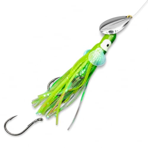 King COHO Humpy Sockeye Salmon Stealhead Squid Skirt Spinner Lure UV Gill Double Hooks or Trolling Fishing - color: Pink, Green, White, Metallic Green