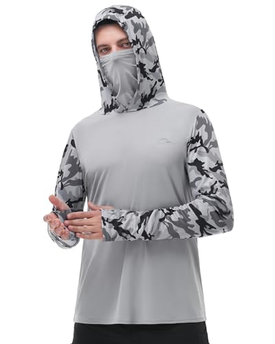 FISHEAL Men's Performance Fishing Hoodie Shirt - UPF 50+ UV Sun Protection Long Sleeve Shirts with Mesh Face Mask - color: Steel Gray Camo, size: Large