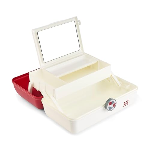 Caboodles School Spirit On-The-Go Girl Makeup Box, Crimson Over White, Hard Plastic Makeup Organizer Box, Built-In Mirror, Secure Latch for Safe Travel, Spacious Storage for Large Items - color: Crimson White School Spirit