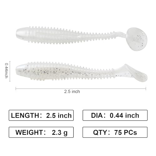 Paddle Tail Swimbaits, 2.5 inch/3inch Soft Lures Fishing Trout Crappie Bass for Freshwater and Saltwater 75PCS/60PCS - color: White Pearl, size: 2.5 inch, 75 PCs