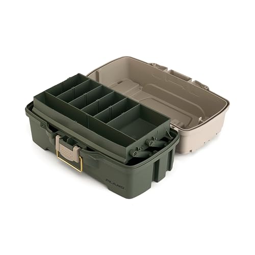 Plano One-Tray Tackle Box, Green/Tan, Rust-Proof Brass Latch, Top-Access Tray with Deep Storage, Made in the USA, Portable Fishing Gear Storage Organizer - color: Green/Tan, size: One-Tray, style: One-Tray
