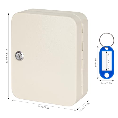 KYODOLED Key Box Wall Mount, Key Lock, 20 Hooks, Beige | 20 Key Rings & Tags, Durable Steel, Key Storage for Home, Office & Property Managers, Indoor Use, 3.14"D x 6.3"W x 7.87"H - color: Beige With Key Lock