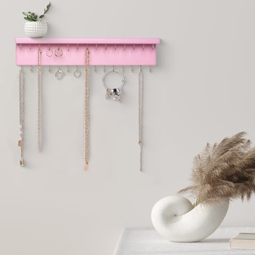 SANY DAYO HOME Pink Necklace Holder Jewelry Organizer with 30 Hooks, 15 x 3 x 4 inches Wall Mount Rustic Pine Wood Shelf for Necklace, Hair Bow Storage - color: 30 Hooks, Pink