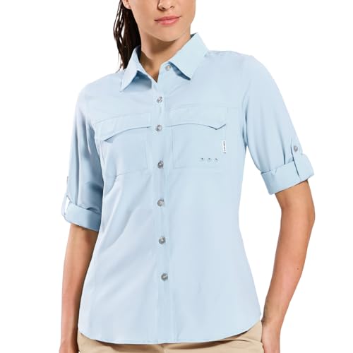 Haimont Women's UPF 50+ Long Sleeve Hiking Button Down Shirt | Quick-Dry, Mesh Back Vents, Roll-Up Tabs, Rod Holder, Lens Cloth, Camping & Travel - color: Light Blue, size: X-Small