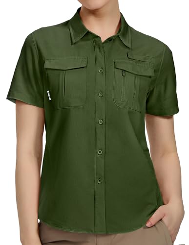 Haimont Women's UPF 50+ Short Sleeve Hiking Button Down Shirt | Quick-Dry Stretch, Mesh Back Vents, 2 Chest Pockets + Zip Pocket, Sunglasses Loop, Lens Cloth, Travel - color: Army Green, size: Large