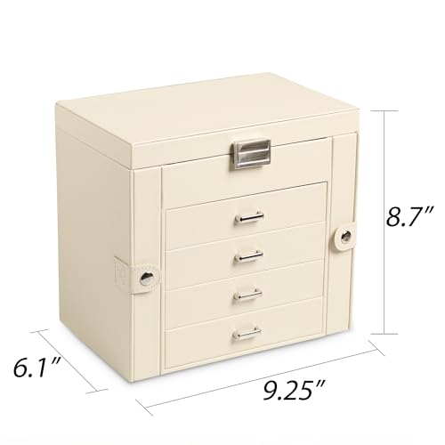 Frebeauty 5-layer Jewelry Box,Faux Leather Jewelry Organizer with 4 Drawers,Jewelry Organizers and Storage with Mirror,Jewelry Holder Organizer for Necklace,Jewerly Boxes for Women Girls(Beige) - color: Beige, size: Medium