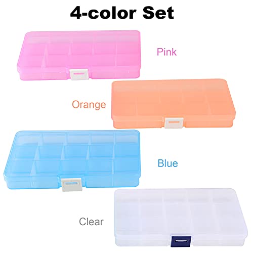 ZOENHOU 32 Pack 15 Grids Plastic Bead Organizer Box, 4 Colors Plastic Storage Containers Small Tackle Box with Adjustable Removable Dividers for Jewelry Bead Earring Fishing Hook Small Accessories