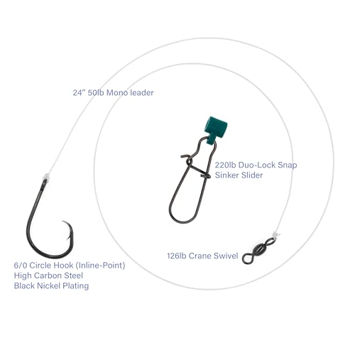 Striped Bass Rigs, 6/0 Inline Circle Hook with 24" 50lb Mono Leader Fish Finder Slider Rigs, 6-Pack Hand-Tied Saltwater Surf Fishing Tackle with 126lb Swivel & 220lb Snap for Striper Fishing