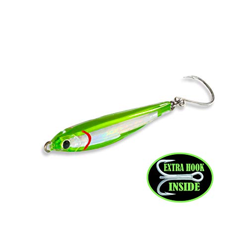 Fat Cow Shatterproof Epoxy Jig Fat Minnow with in-Line Hook and Extra Treble Hook - color: Green, size: 3/4 oz