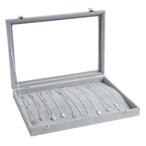 Wudygirl 20 Hooks Necklace Organizer Velvet Jewelry Organizer Showcase for Necklaces Jewelry Box Stackable Glass Top Lockable (Necklace Organizer) - color: Gray, size: Necklace