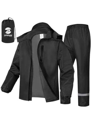 SaphiRose Men's Waterproof Rain Gear 2pcs/set Packable Rain Suit for Working Fishing - color: Black/Reflective Strip, size: Small