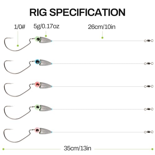 Texas Rigs for Bass Fishing Lures Kit Weights Hooks Lure Rig Rigged Line Leaders for Freshwater with Box - color: 1/0# Hooks-3/16 oz Weight (5pcs)
