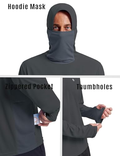 PINSPARK UPF 50+ Sun Protection Hoodie Men with Mask Quick Dry Long Sleeve Fishing Hiking Shirts UV Rash Guard Lightweight - color: Dark Grey, size: XX-Large