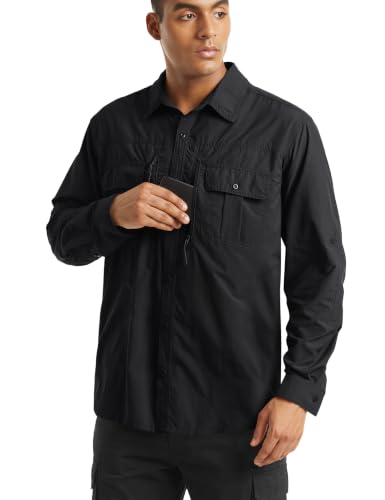 TACVASEN Fishing Shirt for Men, Long Sleeve Shirt Quick Dry Fit, Tactical Shirt Button Up, Work Shirt Lightweight Safari - color: Black, size: X-Large
