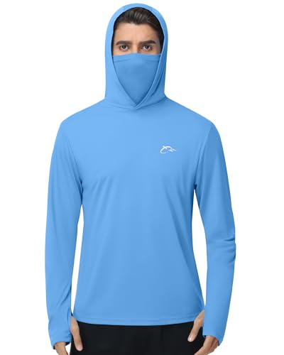 FISHEAL Men's Performance Fishing Hoodie Shirt - UPF 50+ UV Sun Protection Long Sleeve Shirts with Mesh Face Mask - color: Blue, size: Small