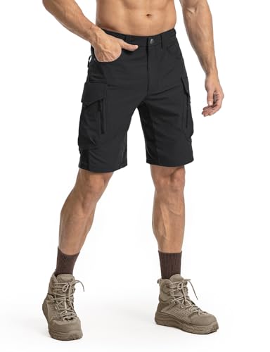 Moosehill Men's Hiking Cargo Shorts: Quick Dry Lightweight Stretch Outdoor Fishing Camping with 9 Pockets (Self-Storing) - color: Black, size: 28