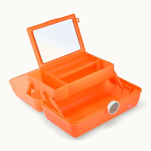 Caboodles On-The-Go Girl Makeup Box, Orange Shimmer, Show Girl Collection, Hard Plastic Makeup Organizer Box, Built-In Mirror, Secure Latch for Safe Travel, Spacious Storage for Large Items - color: Orange Shimmer Show Girl