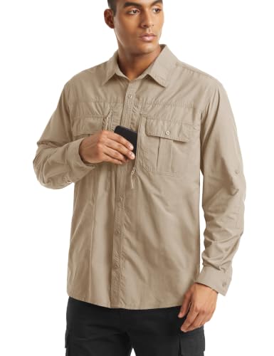 TACVASEN Fishing Shirt for Men, Long Sleeve Shirt Quick Dry Fit, Tactical Shirt Button Up, Work Shirt Lightweight Safari - color: Khaki, size: Medium