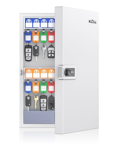 Uniclife Key Lock Box, Wall Mount Key Box, Car Key Organizer with Writable Key Racks and Tags, 32-Key Combo Lock, White, Security Key Holder Storage Box for Office, Company - color: White, size: 32-key(combo lock)