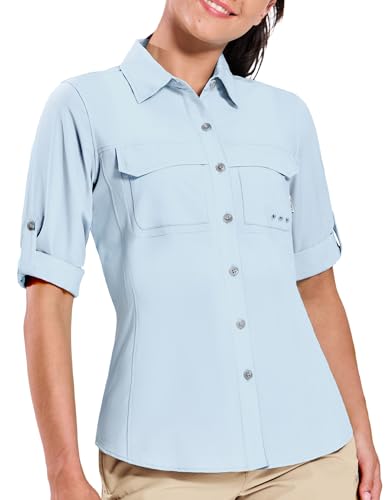 Haimont Women's UPF 50+ Long Sleeve Hiking Button Down Shirt | Quick-Dry, Mesh Back Vents, Roll-Up Tabs, Rod Holder, Lens Cloth, Camping & Travel - color: Light Blue, size: X-Small