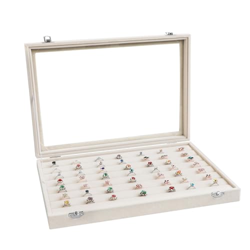 Wudygirl Ring Display with Clear Lid Organizer and Showcase Rings Box with 7 Slots Jewelry Tray for Drawer Velvet Rings Holder Accessories Storage (Beige Velvet) - color: Beige, size: Ring