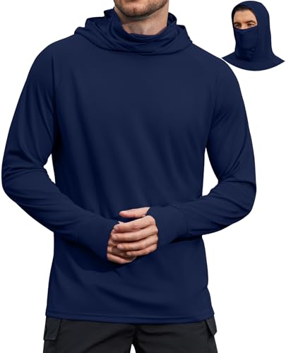 COOFANDY Mens UPF 50+ Sun Protection Hoodie with Mask Lightweight Long Sleeve SPF Fishing Shirts UV Hiking Running Rash Guard - color: Navy Blue, size: Medium