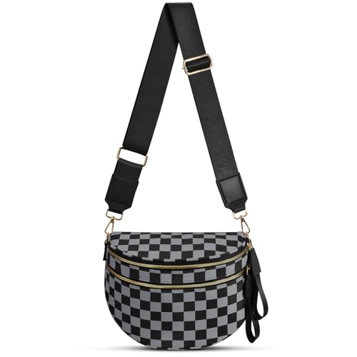 Checkered Nylon Crossbody Bag Bum Bag for Women Mom Large Checkered Fanny Packs with Adjustable Strap - color: Dark Gray Checkered