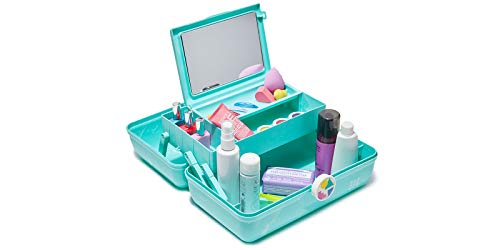 Caboodles On-The-Go Girl Makeup Box, Turquoise on Marble, Hard Plastic Makeup Organizer Box, Built-In Mirror, Secure Latch for Safe Travel, Spacious Storage for Large Items - color: Seafoam Marble