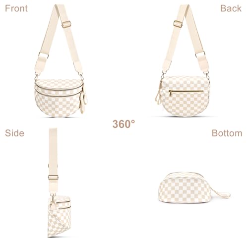 Checkered Nylon Crossbody Bag Bum Bag for Women Mom Large Checkered Fanny Packs with Adjustable Strap - color: Beige Checkered