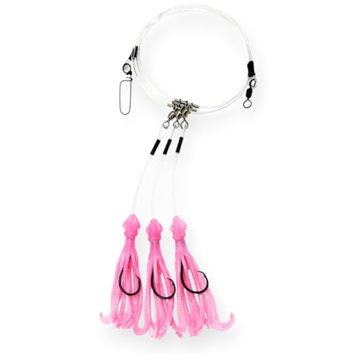 End Game Tackle Deep Drop Rig – Made in USA – New Super Stretch Glow Squid – NOAA Compliant Non-Offset Circle Hooks for Bottom Fishing - color: Pink Glow, size: 8/0 – 3 Hook